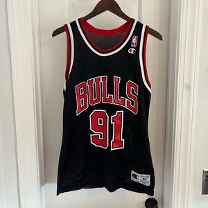 Champion Black Bulls 91 Rodman Jersey